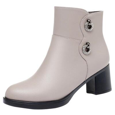 真皮妈妈软底短靴中跟加绒棉鞋