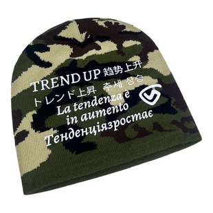 美式迷彩个性印花标语针织帽男女秋冬保暖护耳毛线帽弹力滑雪冷帽