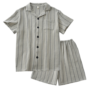 麦穗条纹睡衣男士夏季纯棉双层纱布绉布宽松短袖短裤家居服套装