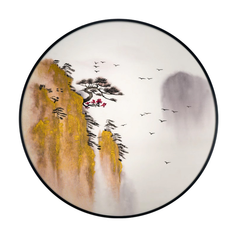 现货轻奢新中式金线手工苏绣鸿运千秋圆玄关过道山水装饰挂画定制