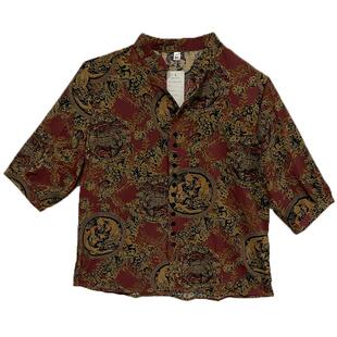 龙凤呈祥复古印花纽扣v领2023夏季新款七分袖衬衫雪纺衫妈妈装女