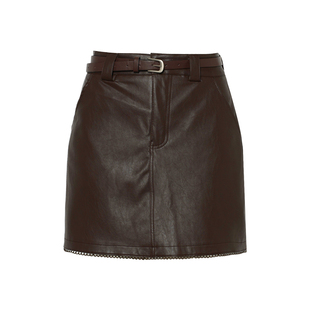 DPLAY年秋季新款咖色半身裙女拼接花边短款裙子皮裙短裙半裙