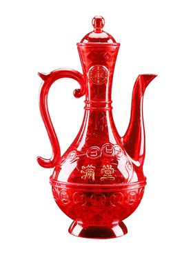 敬神拜拜茶酒杯红色水晶塑料高脚酒杯喜庆交杯酒酒壶茶壶碗筷全套