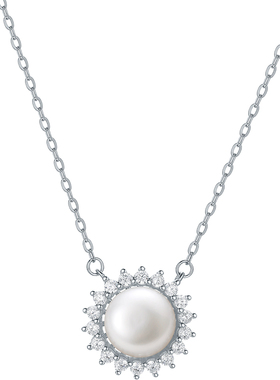 周六福淡水珍珠项链女太阳花珍珠链坠S925银优雅送女友圣诞礼物