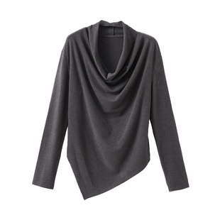 popchrio◆绒面荡领长袖棉T恤不规则下摆宽松显瘦针织衫打底上衣