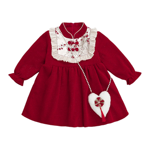 女童红色连衣裙冬季加绒儿童过年拜年裙子女宝宝秋冬装国风公主裙