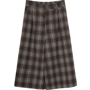 毛呢阔腿长裤女半松紧高腰A字宽松显瘦复古咖啡色格子七八分裙裤