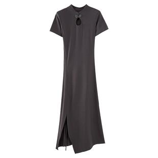 秋季民国风短袖连衣裙长款纯白立领修身镂空抽绳侧开叉旗袍式裙子