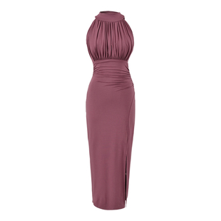 YoungGirlDay御姐纯欲性感褶皱收腰显瘦开叉包臀中长款挂脖连衣裙