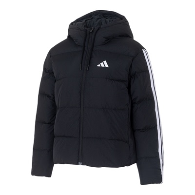 阿迪达斯黑色宽松连帽羽绒服女款2025冬季三条纹短款休闲羽绒外套