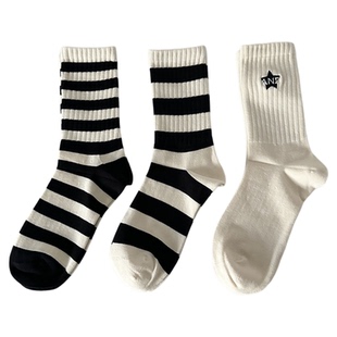 黑色条纹运动中筒袜子女士百搭ins潮流情侣街头刺绣男士长袜秋冬