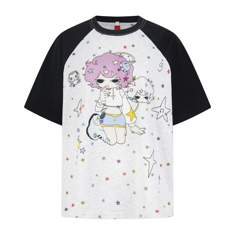 亚萌感拼色卡通少女星星印花T恤