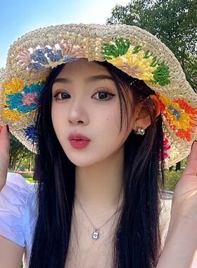 花朵镂空新款草帽编织夏季防晒遮阳遮阳帽帽檐海边沙滩度假渔夫帽