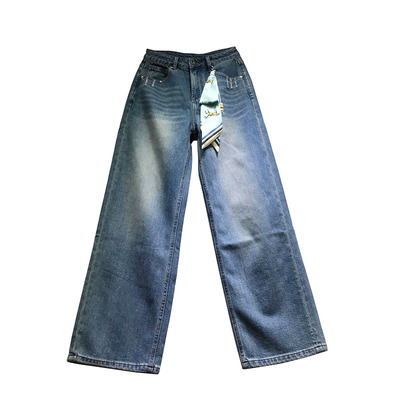 直筒裤女拖地牛仔裤窄版阔腿裤