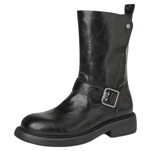 星期六厚底马丁靴女2025冬季新款英伦风皮带扣骑士女靴粗跟中筒靴