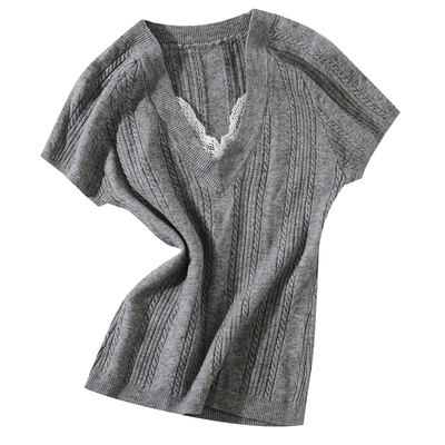 大于诗集 曼城旧事 蕾丝拼接V领修身显瘦针织衫女弹力短袖T恤上衣