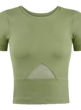 春夏短袖女露腰拼纱空中瑜伽服
