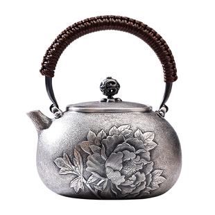 特价提梁银壶999纯银烧水壶手工一张打牡丹泡茶壶中式茶具煮水壶