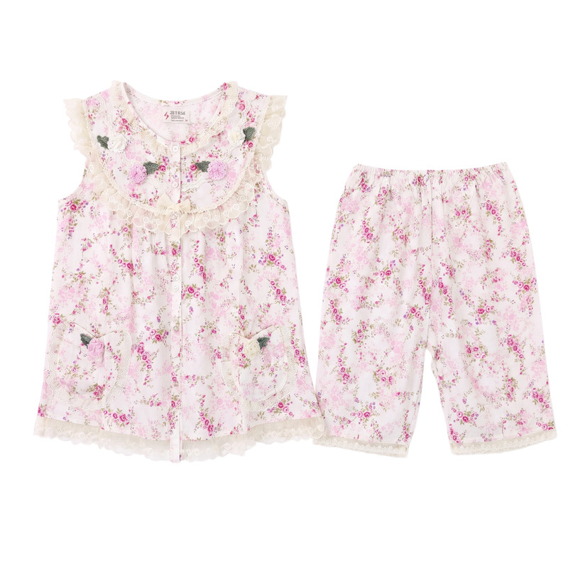 欣琦丝纯棉女夏季碎花睡衣套装