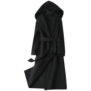 双面呢大衣女中长款过膝黑色连帽时尚款2025新款高级感羊毛呢外套