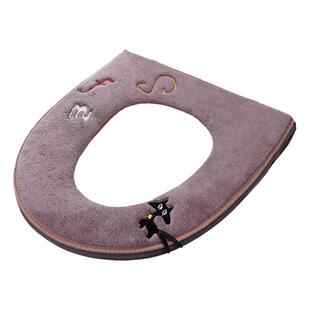 北欧色马桶垫绣卡通坐便套毛绒加厚马桶圈家用四季通用拉链粘扣款