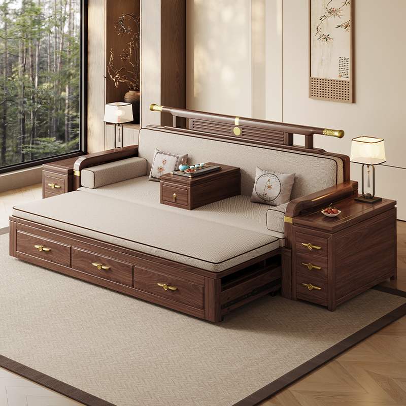 新中式黑胡桃实木罗汉床冬夏两用可储物客厅简约沙发床折叠两用床