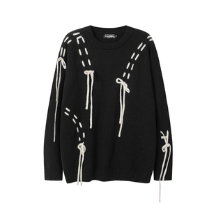 美式复古系带抽绳圆领毛衣男女宽松慵懒风针织衫街头潮牌新款上衣