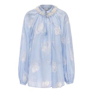 【李冰冰同款】XIAOLI筱李25春夏柠檬刺绣镂空V领套头衬衫女蓝/白