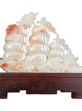 天然玉石一帆风顺玉雕龙帆船摆件
