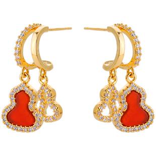 新年红转运葫芦耳坠耳环女小众k金色925纯银针设计时尚耳钉耳饰品