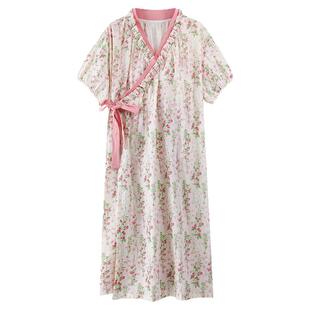 2026年网红睡裙女夏季带胸垫云朵棉短袖系带睡衣甜美碎花纯棉长款