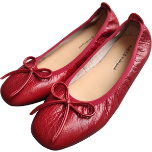 方头芭蕾舞鞋平底蝴蝶结舒适休闲浅口单鞋复古小红鞋酒红色奶奶鞋