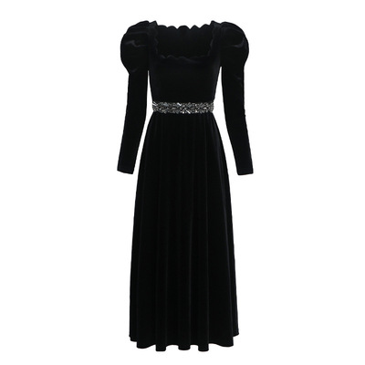 明星同款复古风黑色丝绒年会礼服