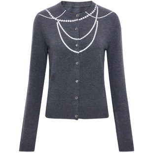 ChicChick时髦小鸡18灰色美丽奴羊毛珍珠项链针织背心开衫两件套