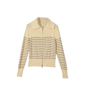 天丝莱赛尔2026春季新款条纹针织衫开衫外套女黄色短款双拉链上衣