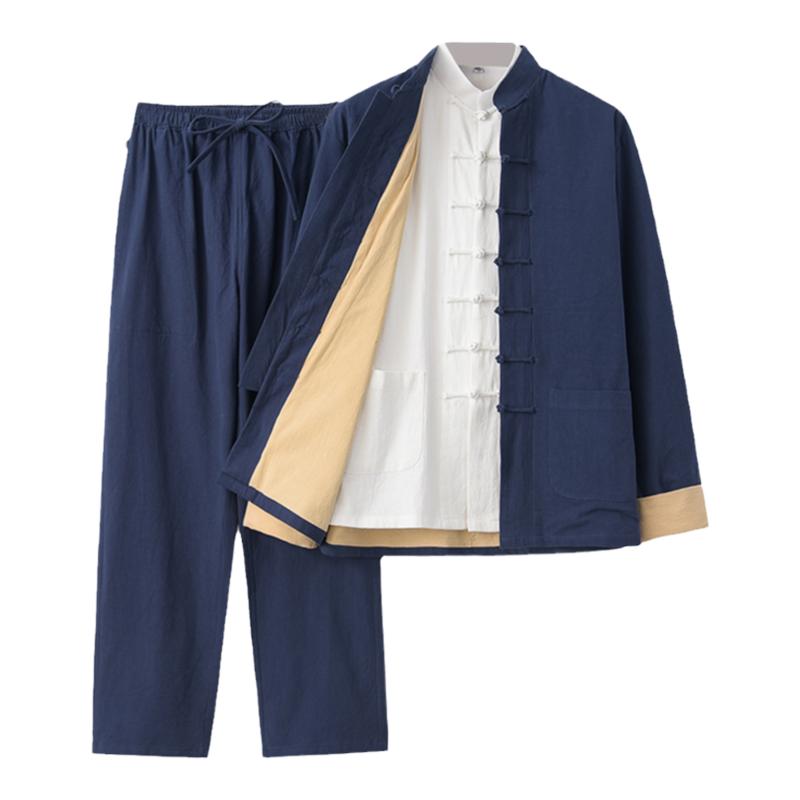 春秋男唐装纯棉三件套汉服居士服
