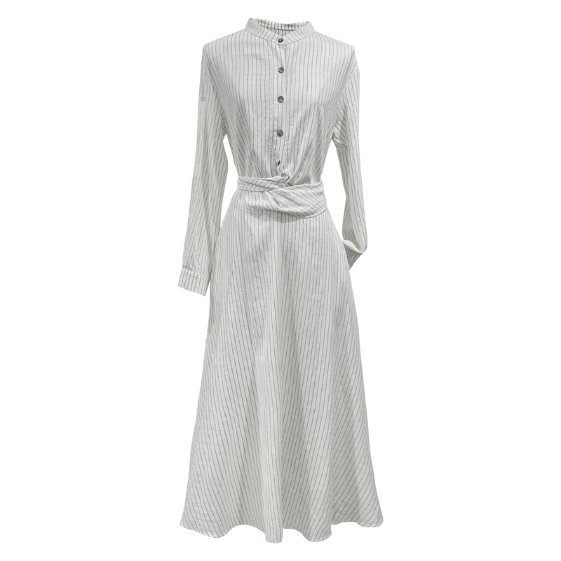 JUJU白茶清欢早秋新款通勤知性风白色条纹连衣裙女长袖衬衫裙长裙