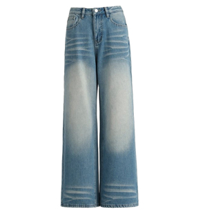 美式休闲复古做旧水洗牛仔裤女街头时尚高腰宽松显瘦直筒阔腿长裤