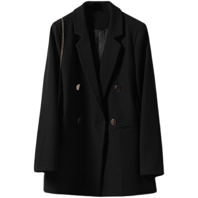 长袖西装领双排纽扣毛呢外套女