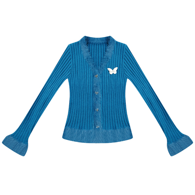 ziziFei秋冬季美式复古设计感修身显瘦蓝色V领针织毛衣开衫外套女