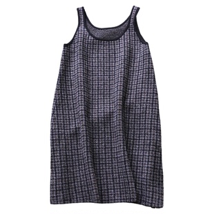 复古格纹圆领无袖叠穿背心裙针织毛衣裙宽松微a字裙连衣裙女M363