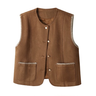 老钱风明线麂皮绒马甲背心女春秋独特别致宽松叠穿无袖叠穿短外套