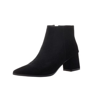 2024秋冬季真皮磨砂高跟短靴女靴加绒短筒马丁靴粗跟尖头单靴裸靴