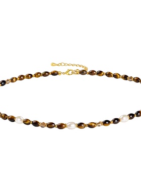 JAY虎眼石项链复古珍珠锁骨链