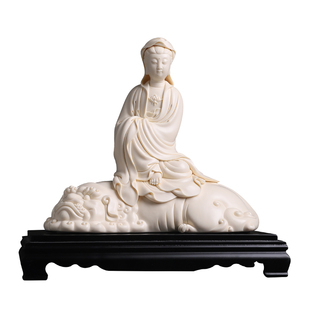 戴玉堂文殊菩萨猛犸牙黄陶瓷省级大师林建平文殊像德化白瓷摆件