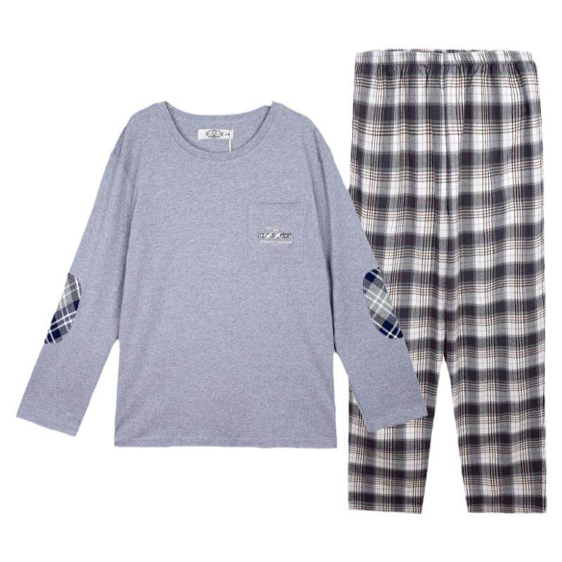 美标纯棉长袖长裤格子家居服套装