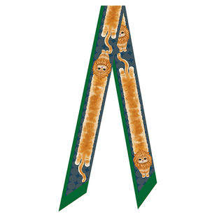 插画师手绘原创手绘绿黄色狮子猫可爱复古长款飘带窄丝巾发带绑包