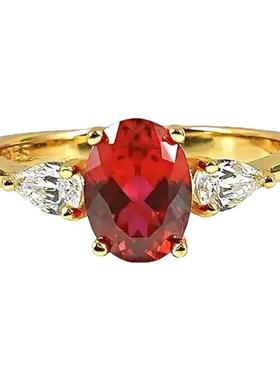 法式爆闪红色鸽子蛋戒指女士复古千金感微镶红刚锆石显白食指戒女