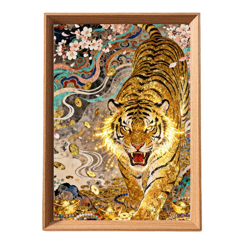 金色猛虎木质招财驱邪相框摆挂