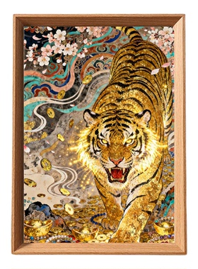 金色猛虎木质招财驱邪相框摆挂